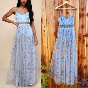 Lulus Sultry Luxury Blue Floral Print Mesh Tiered Bustier
Maxi Dress, Size XL